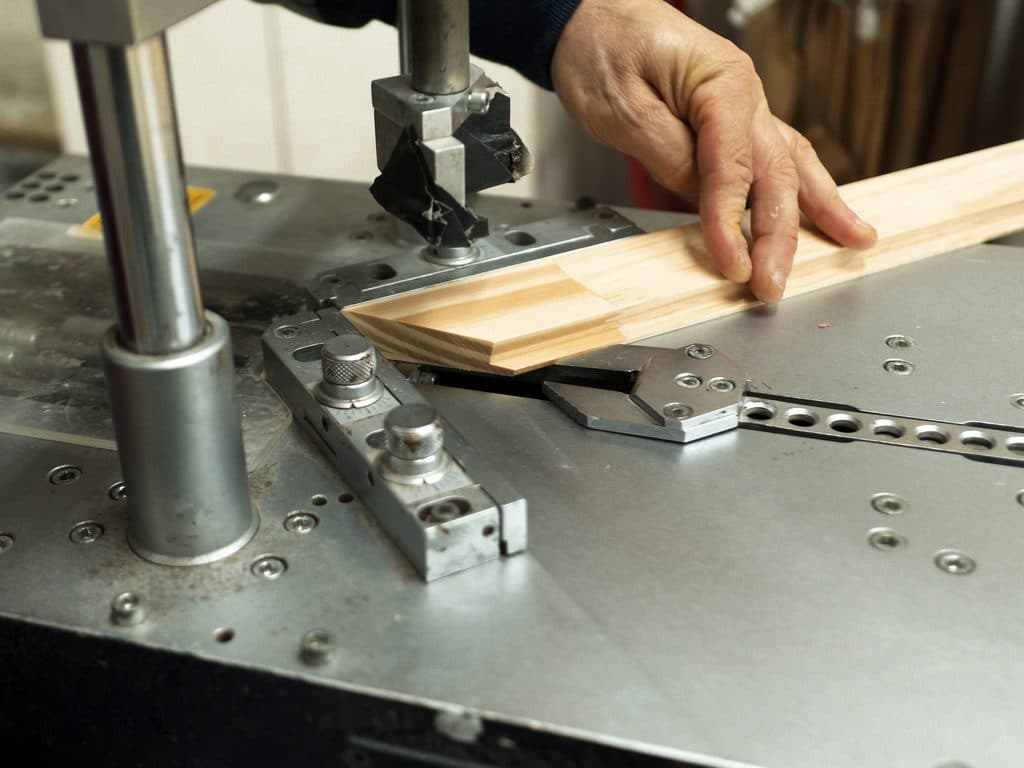 Corte de moldura con maquinaria en el taller de enmarcación de Santiago
